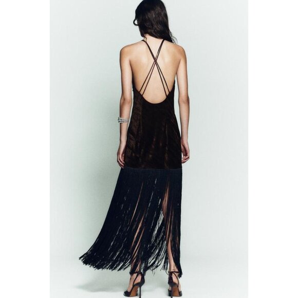 ZARA VELVET FRINGED MIDI DRESS - Picture 4 of 11